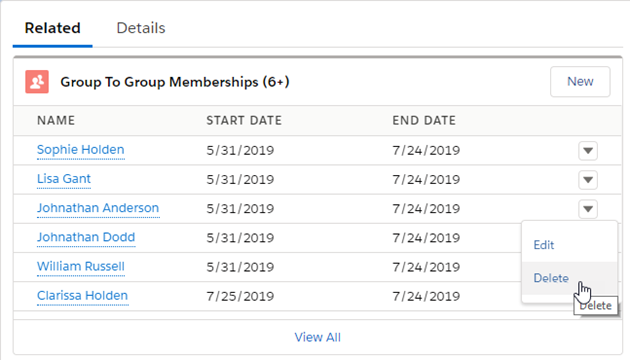 Screenshot of Group to Group Memberships Related list in HR Manager Portal in Salesforce Lightning Experience