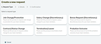 Screenshot: Selecting a request type for the new employment change request