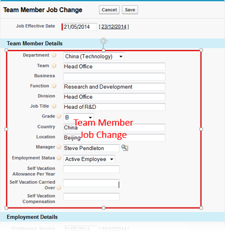 Screenshot: Fields included in the field set highlighted on a Team Member Job Change page