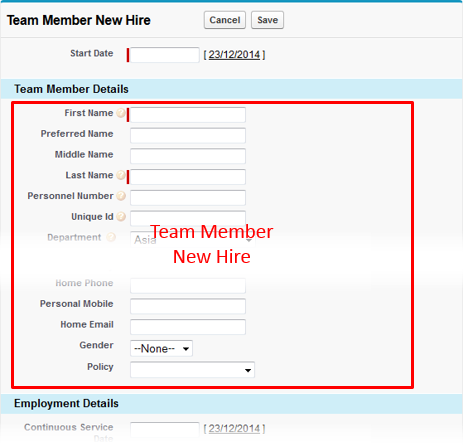 Screenshot: Some of the fields included in the field set highlighted on a Team Member New Hire page