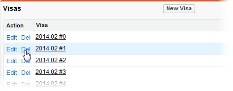 Screenshot: Selecting Delete next to a visa record