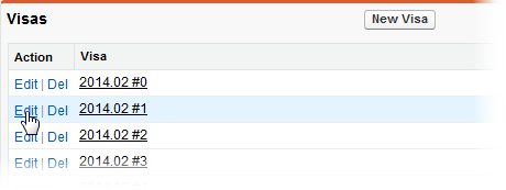 Screenshot: Selecting Edit next to a visa record