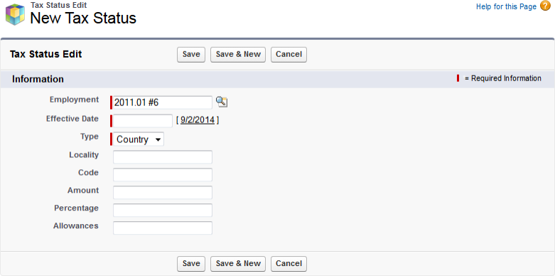 Screenshot: New Tax Status record