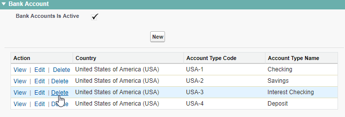 Screenshot: Selecting Delete for a bank account type