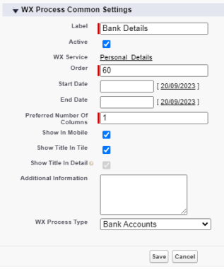 Screenshot: creating a WX process for bank accounts