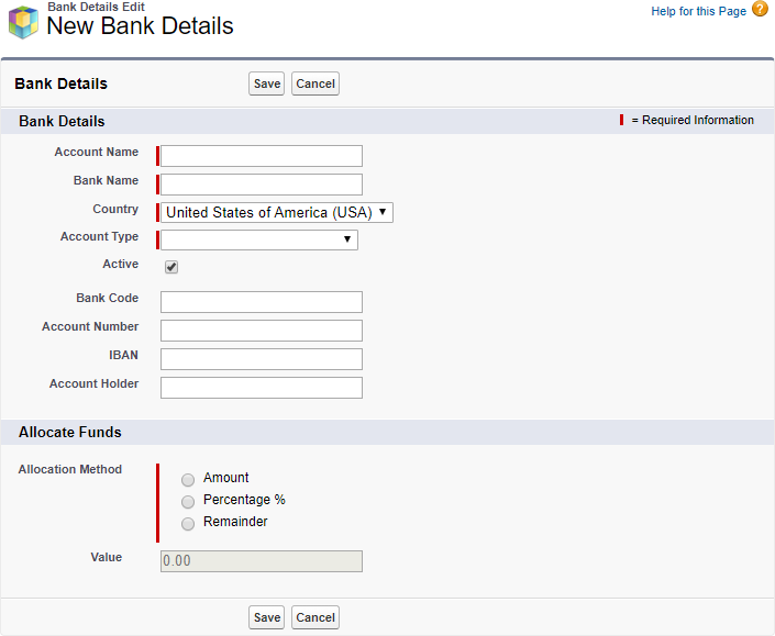 Screenshot: New Bank Details page