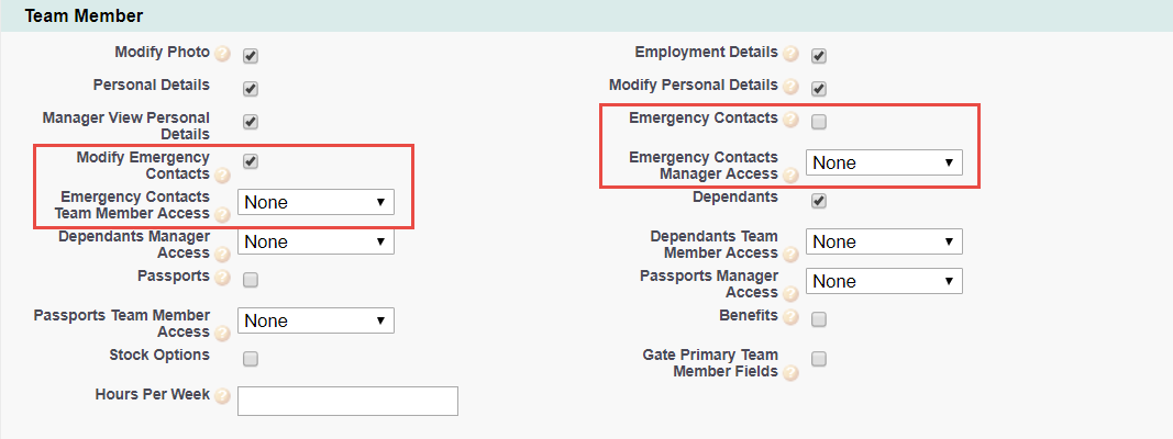 Screenshot: Policy options in the Team Member section, with options for Emergency Contacts highlighted