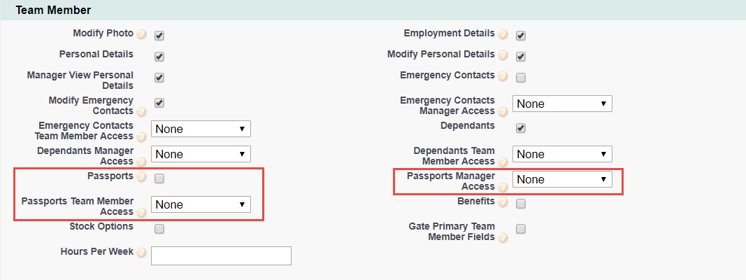 Screenshot: Policy options in the Team Member section, with options relating to the Passports process highlighted