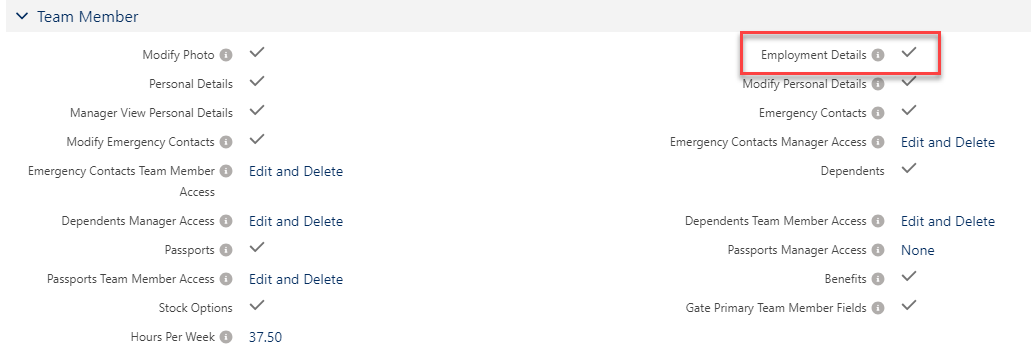 Screenshot: Policy options in the Team Member section, with the Employment Details option highlighted