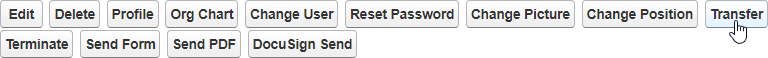 Button set on the Team Member Detail page, with the cursor on the Transfer button