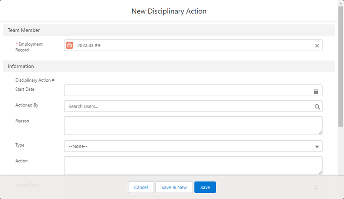 Screenshot: The New Disciplinary Action screen