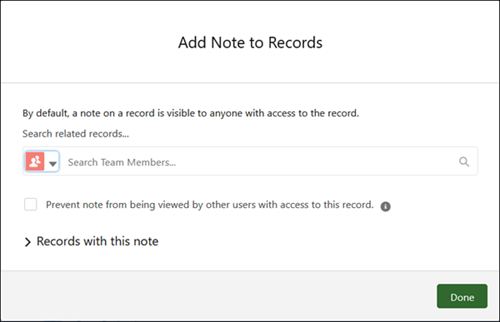 Screenshot of Note confirmation dialog, enabling a note to be added to records