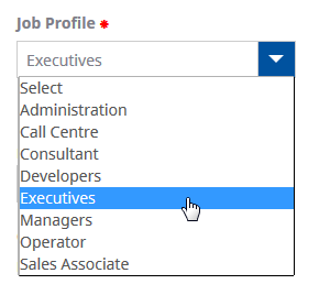 Screenshot: Job Profile picklist expanded for a Competency Assessment