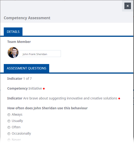 Screenshot: Competency Assessment questionnaire