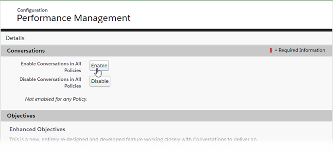 Screenshot: Enable button for Conversations on the Performance Management package Configure page