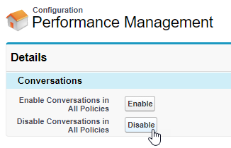 Screenshot of the Configuration page for the Performance Management package with the cursor on the Disable button