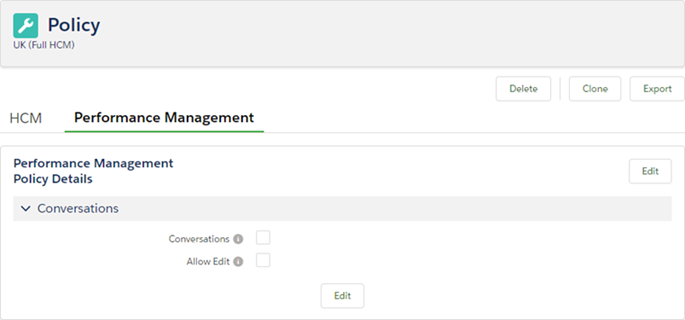 Screenshot: Conversations section on the Performance Management tab on a Policy page