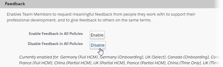 Screenshot: Disable Feedback for All Policies button on the Performance Management package configuration page