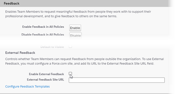 Screenshot: Enable External Feedback option in the Feedback section of the Performance Management package Configure page