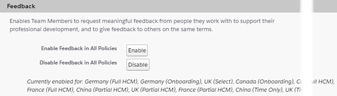 Screenshot: Feedback section displaying Policies where it is enabled on Performance Management configuration page