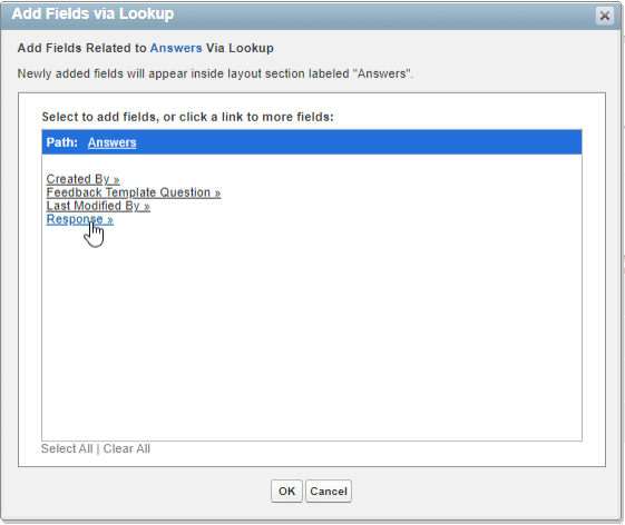 Screenshot: Selecting Response on Add Fields via Lookup dialog