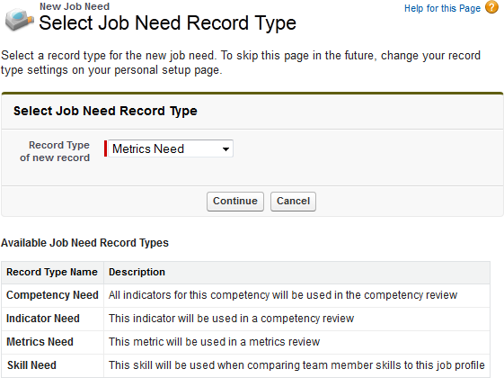 Screenshot: Select Job Need Record Type page with Metrics Need selected