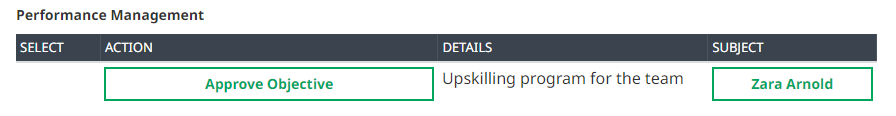 Screenshot: Approve Objective action on a manager's Actions page in WX