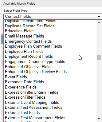 Screenshot: A section of the Available Merge Fields picklist