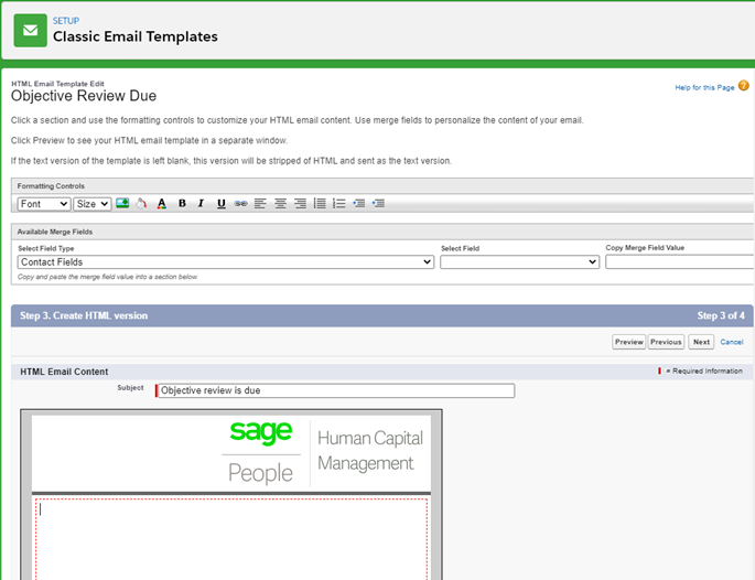 Screenshot: Step 3 of Email Template creation wizard