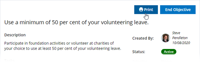 Screenshot: The top of an Objective detail panel with the cursor on the Print button