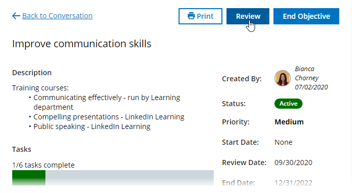 Screenshot: Selecting the Review button for an Objective