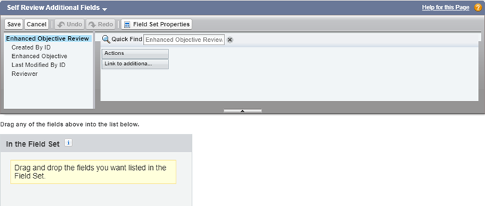 Screenshot: Field Set edit page for the Self Review Additional Fields Field Set