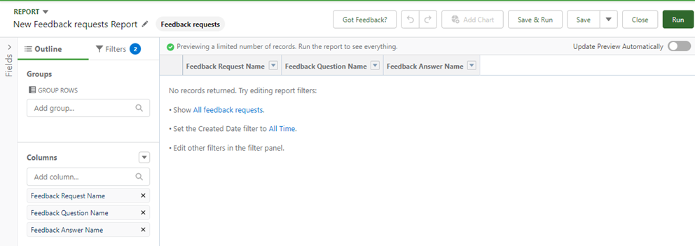 Screenshot: Newly created feedback request report