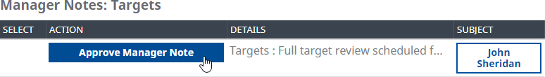 Screenshot: Approve Manage Note button highlighted on Actions page in WX