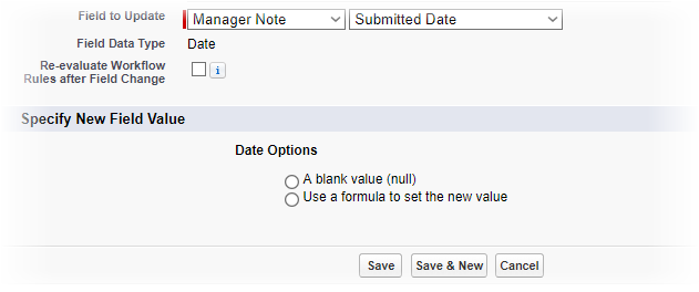 Screenshot: Part of Field Update Edit page, showing the Specify New Field Value section