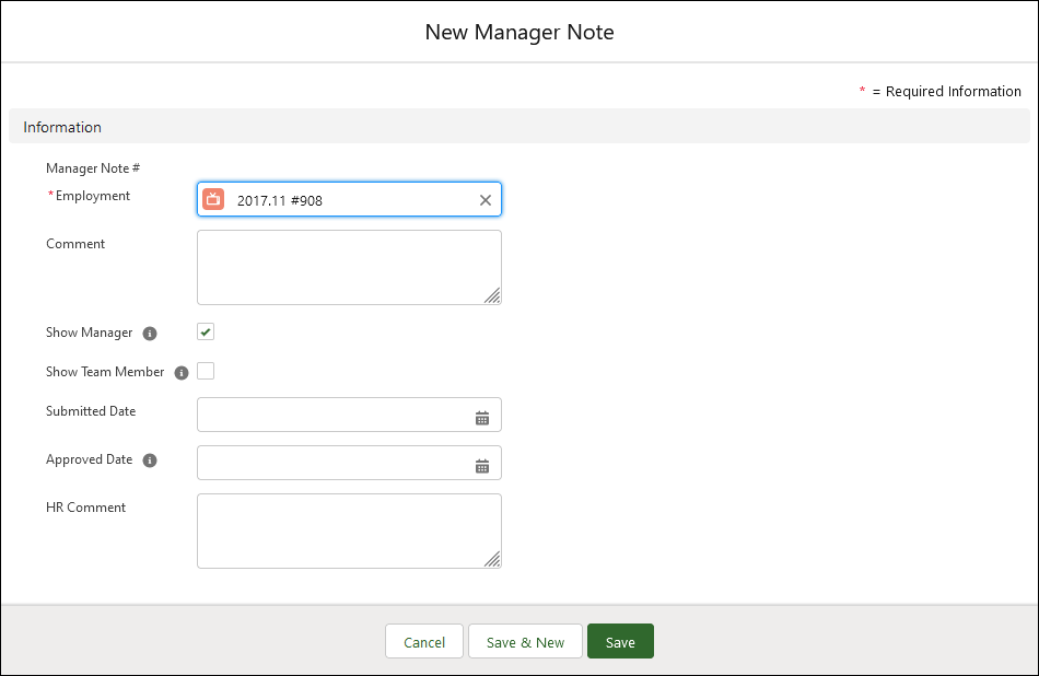 Screenshot showing the new manager note dialog before completion