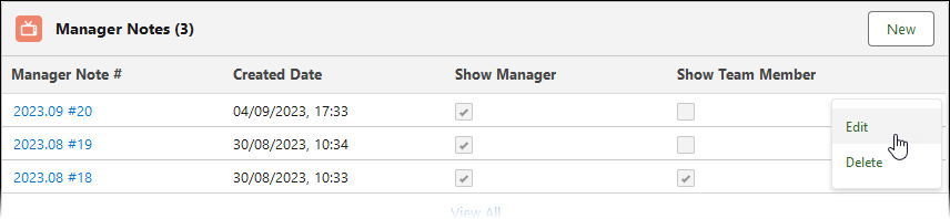 Screenshot showing manager notes related list with edit button selected