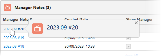 Screenshot showing manager notes related list with a manager note number selected