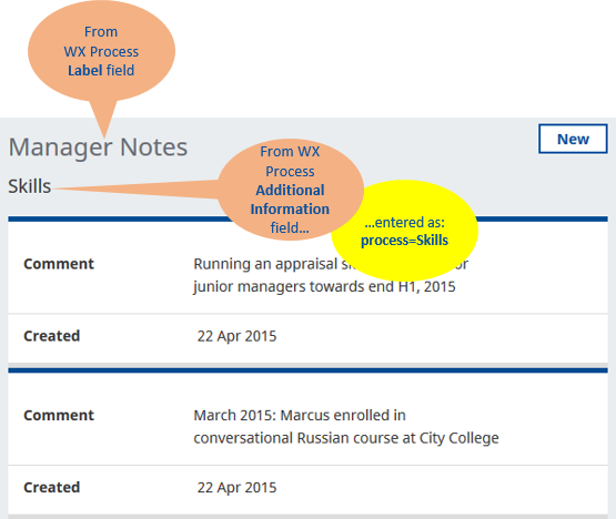 Screenshot: Manager Notes Process with annotations to show different WX Process options