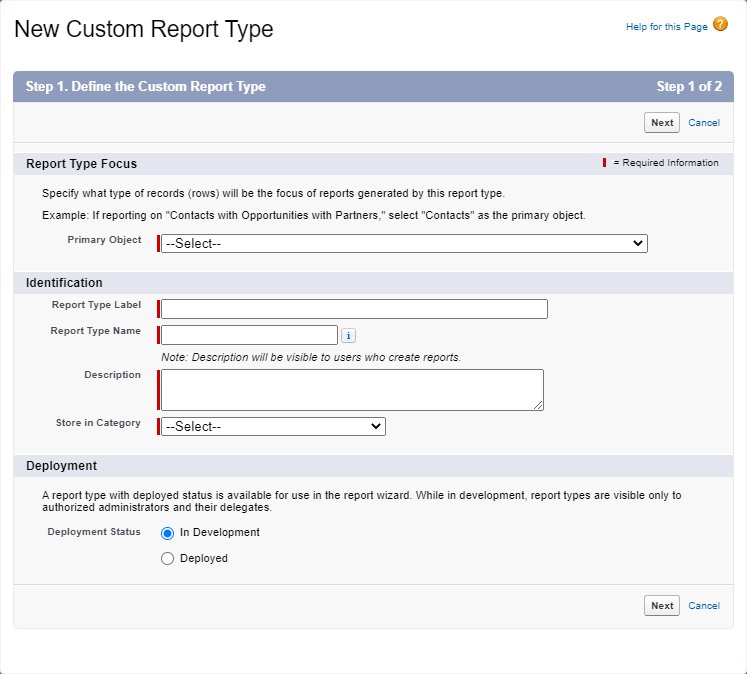 Screenshot: Step 1 of creating a custom report type with fields blank