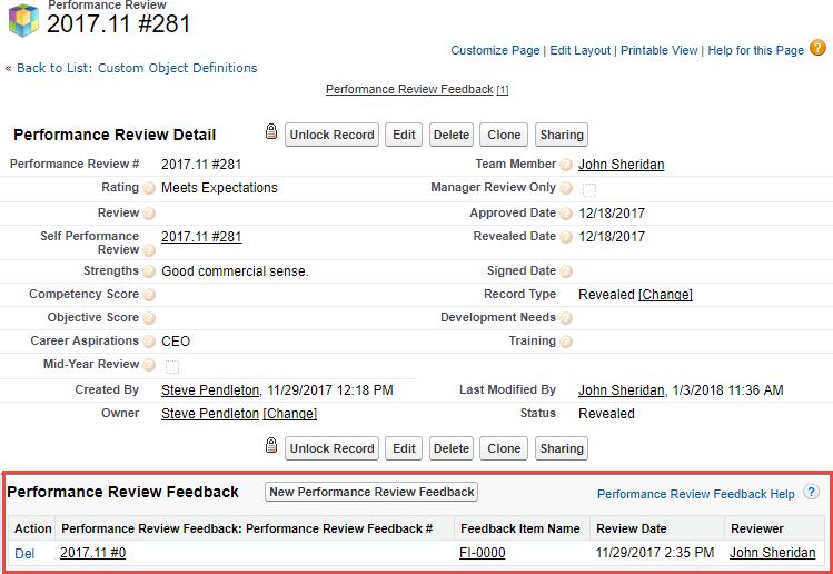 Screenshot: Performance Review Feedback related list highlighted on Performance Review Detail page