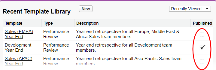 Screenshot: Recent Template Library list view, showing the Published column