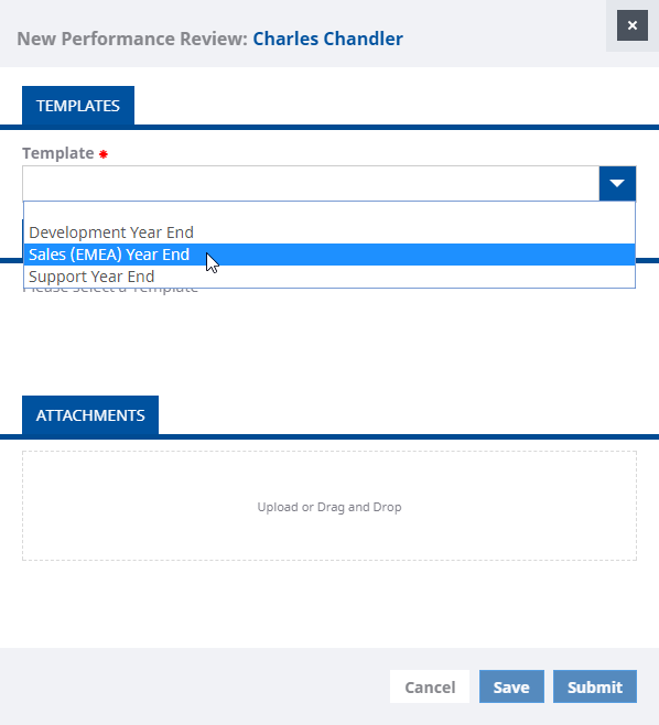 Screenshot: Selecting a Performance Review Template for a new review