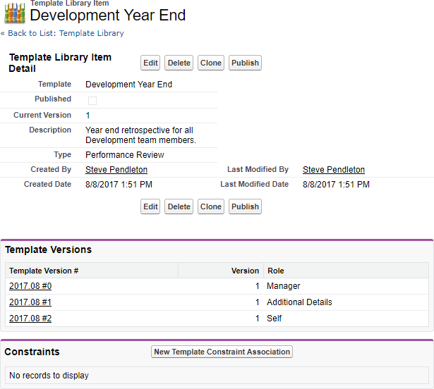 Screenshot: Template Library Item Detail page showing Template Versions Related list