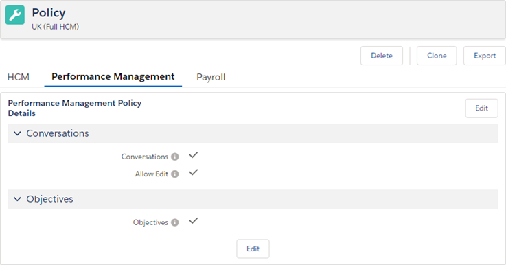 Screenshot of the Performance Management tab on the Policy page