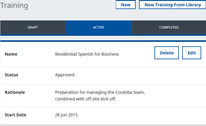 Screenshot: Training Detail view showing the Active tab