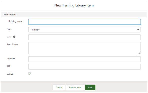 Screenshot: Blank Training Library Item dialog