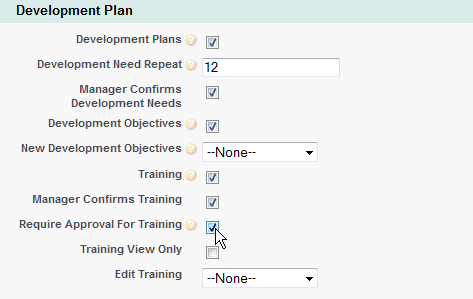 Screenshot: Require Approval for Training option in the Development Plan Policy page settings