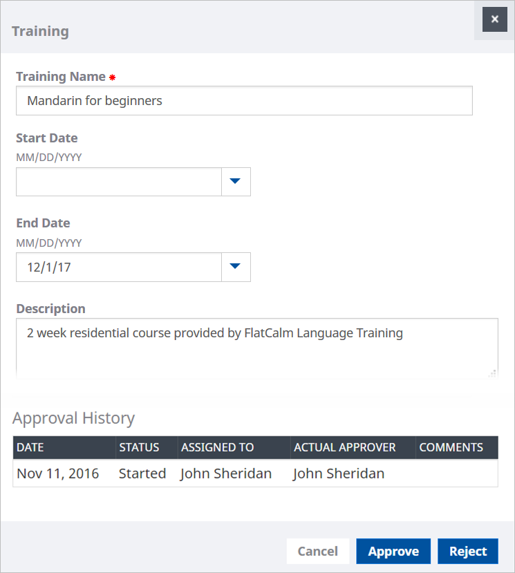 Screenshot: Training request for approval showing the training details