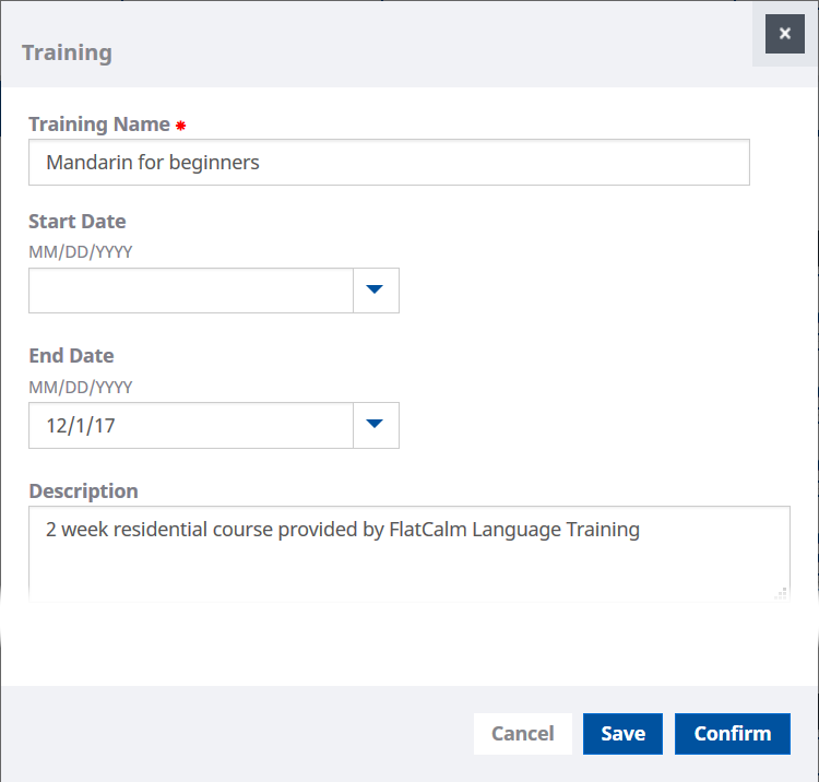 Screenshot: Training view for Training to confirm